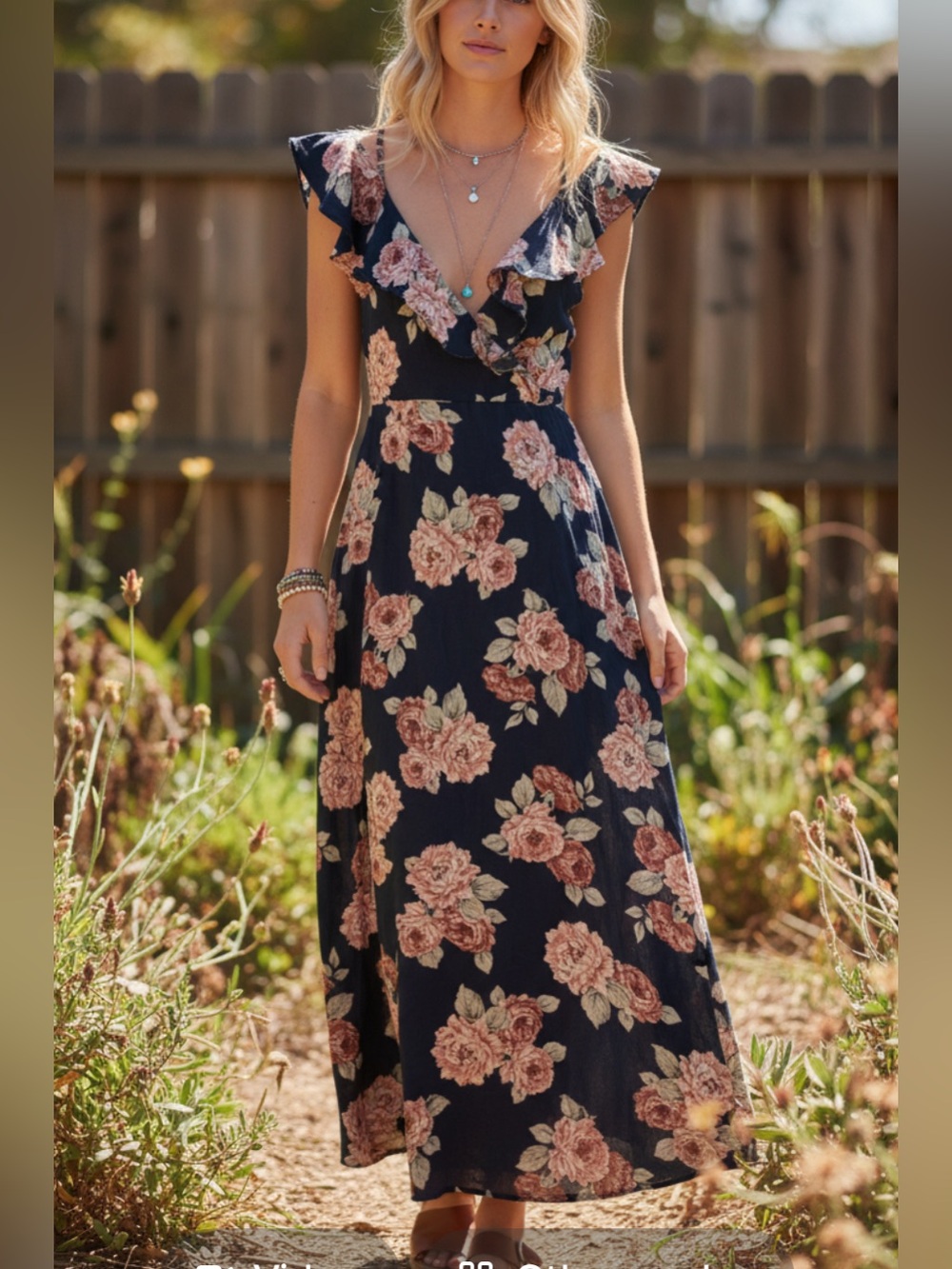 Abbeline Floral Ruffle wrap Dress in Navy and Blush